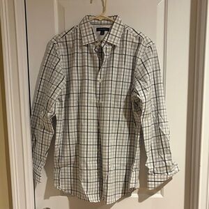Banana Republic White Dress Shirt with Navy and Gray Plaid